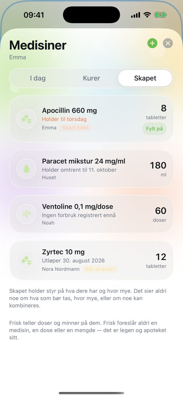 Medisinskapet i Frisk som viser at Apocillin holder til torsdag