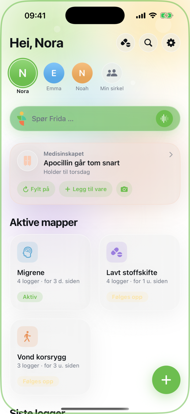 Hjem-skjermen i Frisk med Frida-blobben, medisinskapet og aktive mapper