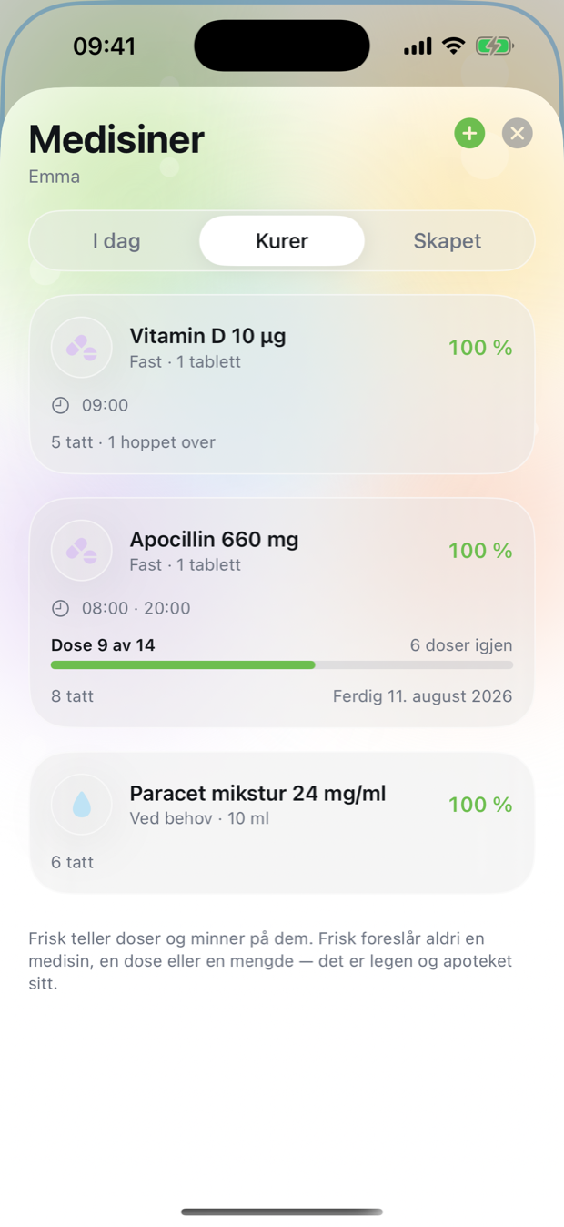 Medisinskjermen i Frisk med kur på dose 9 av 14